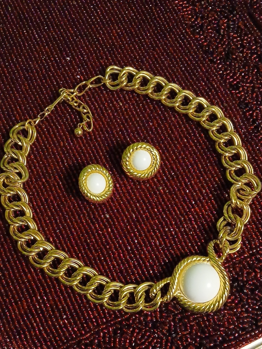 Trifari Gold-Tone White Cabochon Pendant Necklace and Stud Earring Set